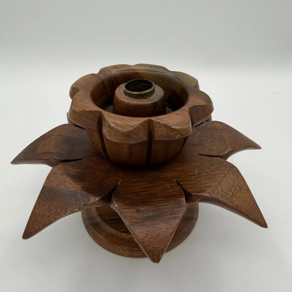 Vintage Hand Carved Wooden Lotus Flower‎ Candle Holder Philippine Handicrafts